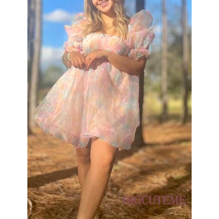 Đầm Dáng Chữ A Tay Phồng Ngắn Cổ Vuông In Họa Tiết Nhiều Màu Thời Trang Mùa Hè Cho Nữ