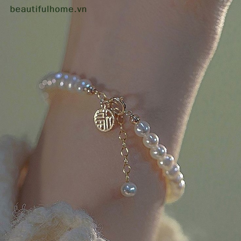 [beautifulhome] Vòng Đeo Tay Đính Ngọc Trai Giả Bằng Đồng Rỗng Có Thể Điều Chỉnh Dây Tua Rua Dài May Mắn Thanh Lịch Quyến Rũ Trang Sức