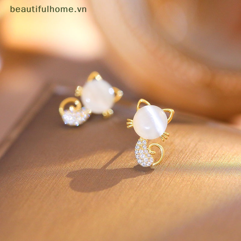[beautifulhome] Khuyên Tai Hình Mèo Đính Đá Opal Giả Lấp Lánh Phong Cách Hàn Quốc Thời Trang Cho Nữ [beauty]