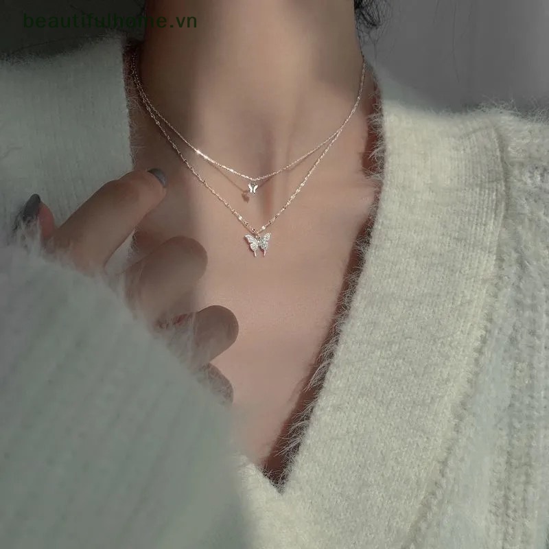Vòng cổ Hai Lớp Mặt Hình Bướm Đính Đá Zircon Cho Nữ
