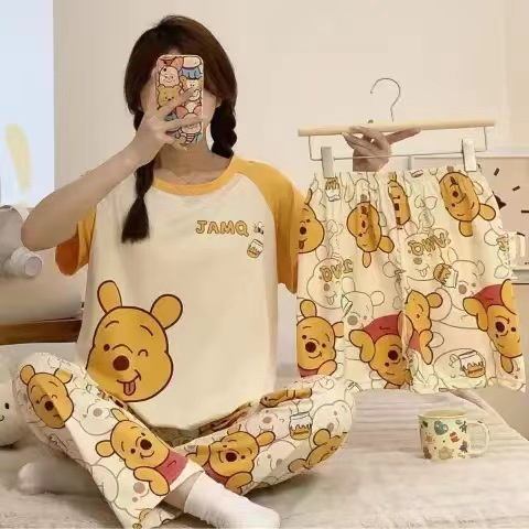 Bộ Đồ Ngủ Ba Món In Họa Tiết Hoạt Hình Dễ Thương Thời Trang Mùa Hè Cho Nữ