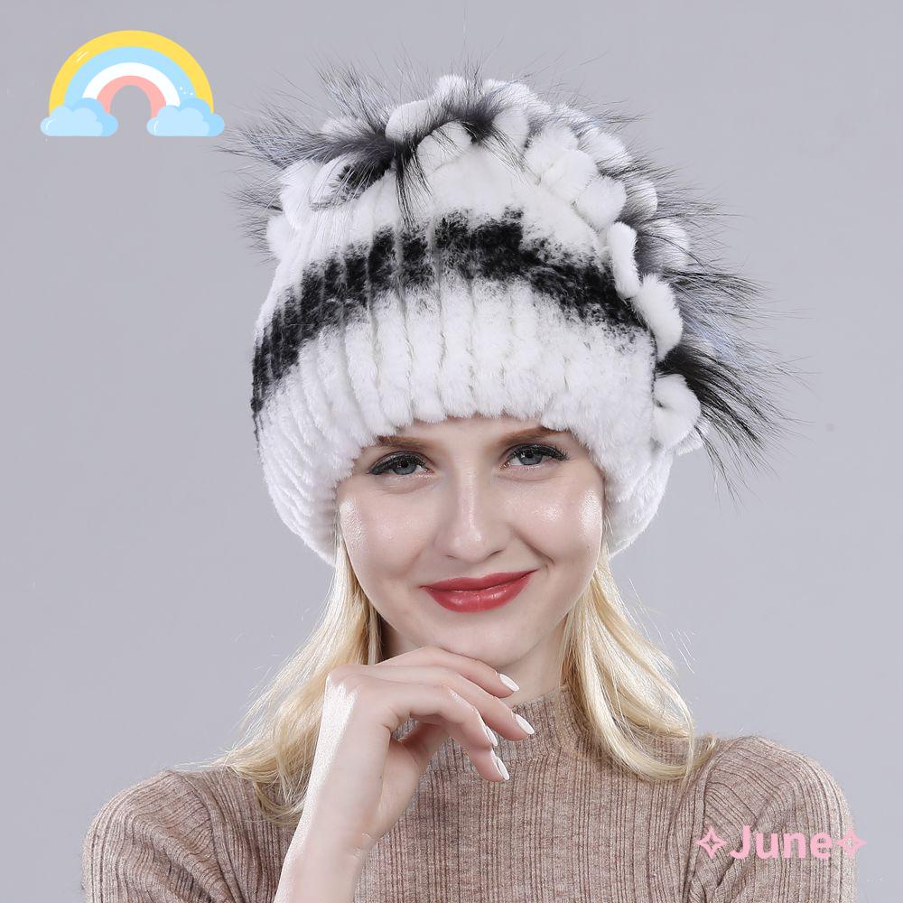 JUNE Mũ Len Trùm Đầu Phối Lông Thỏ Phong Cách Nga Cho Nữ