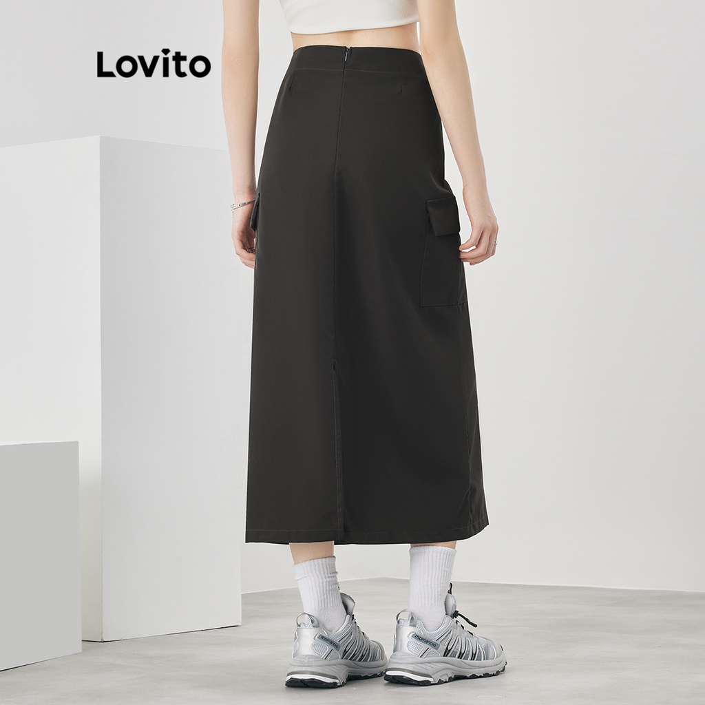 Chân váy Lovito màu trơn phối túi dây rút phong cách thường ngày thời trang dành cho nữ L52AD143 (xám đậm)