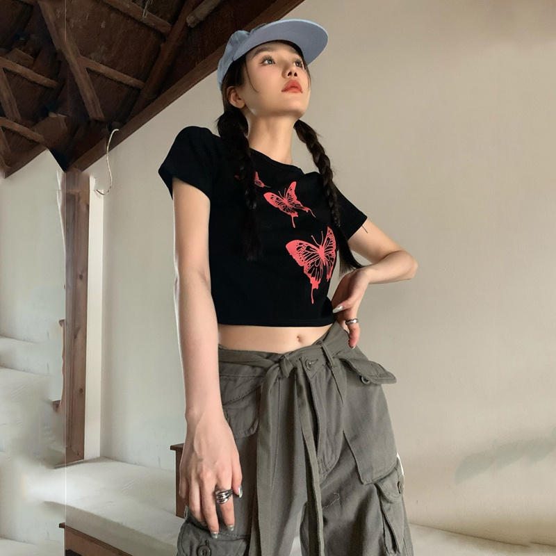 Áo Croptop Dệt Kim Tay Ngắn In Họa Tiết Quyến Rũ Phong Cách Hàn Quốc Cho Nữ