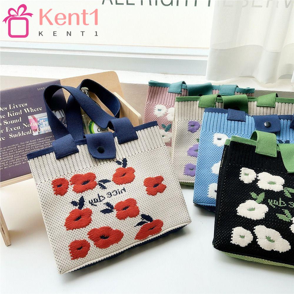 1 Túi Mua Sắm Đeo Cổ Tay Họa Tiết Hoa Đan Len Có Thể Tái Sử Dụng