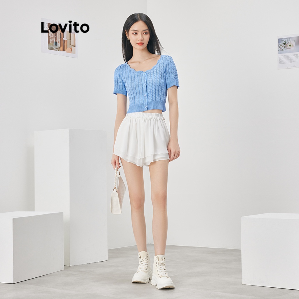 Quần short Lovito viền nhún bèo màu trơn dễ thương cho nữ L51ED083 (Màu trắng)