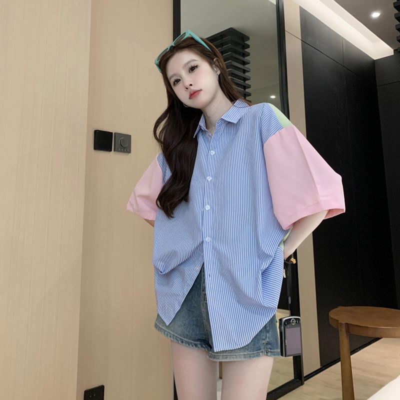 SUXI Áo Sơ Mi Tay Ngắn Kẻ Sọc Xanh Dương Thời Trang Mùa Hè Cho Nữ