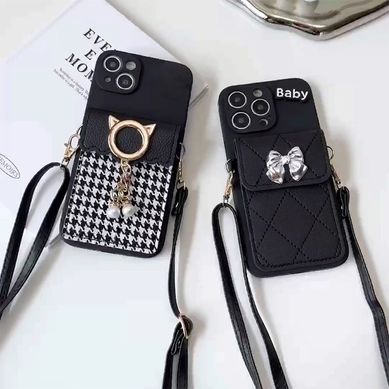 Ốp Lưng Da Cừu Có Dây Đeo kèm Ngăn Đựng Thẻ Cho iPhone 6 Plus tới 14 Promax, Hàng Chất Lượng Cao