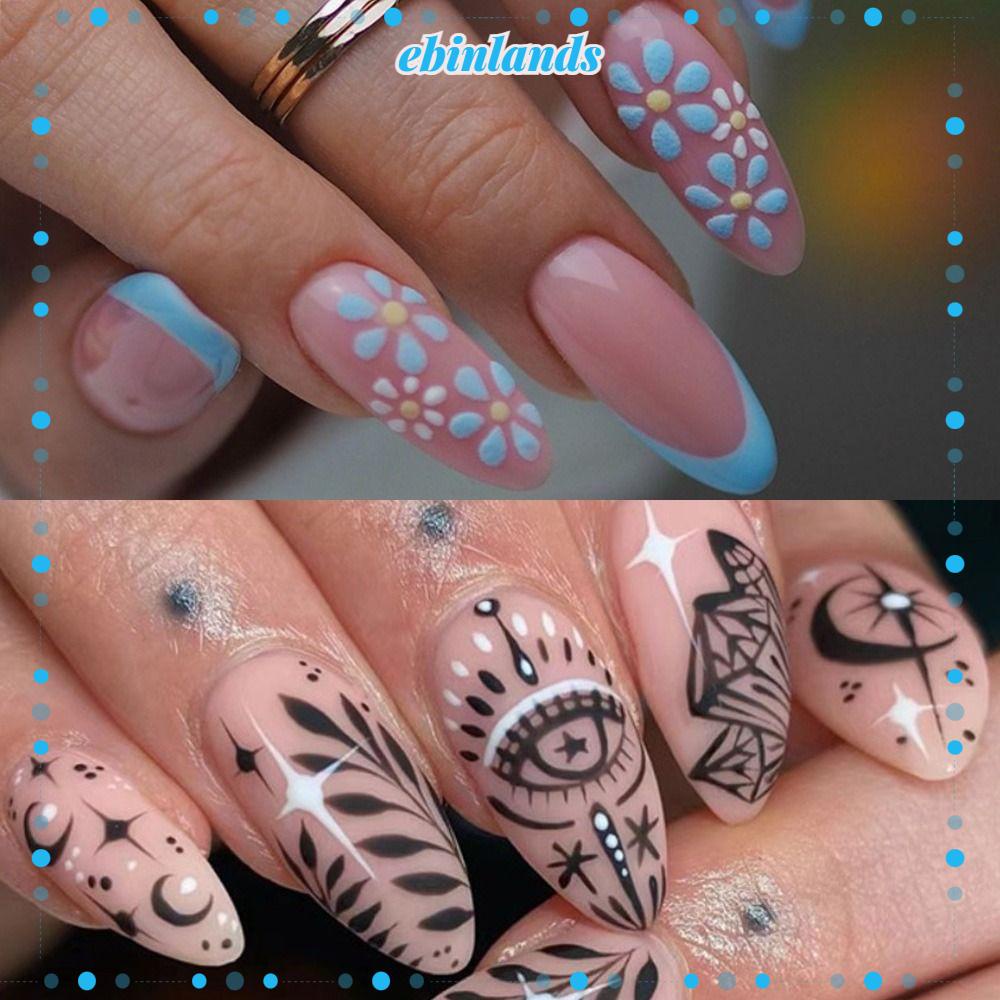 Bộ 24 Móng Tay Giả Tự Tháo Rời Họa Tiết Hoa / Trăng / Sao Xinh Xắn