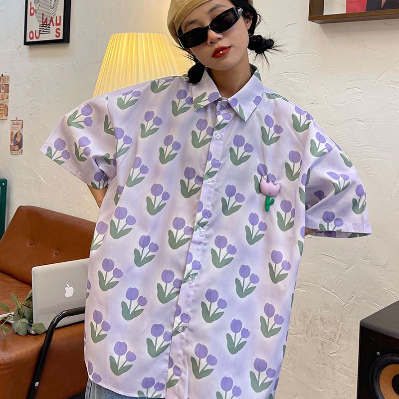 Áo Sơ Mi Tay Ngắn Dáng Rộng In Họa Tiết Hoa Tulip Phong Cách Hong Kong Thời Trang Mùa Hè Mới Cho Nữ