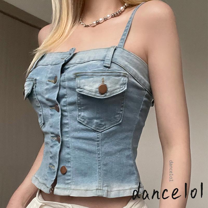 Áo Denim Nữ Nhảy Múa 1O1 Không Tay Có Túi Và Nút Gài