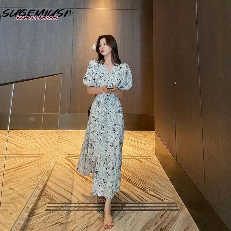 Sugemiusi Pháp Đầm Voan Dài Tay Phồng Cổ Chữ v In Hoa Chuông Thanh Lịch Mùa Hè Cho Nữ