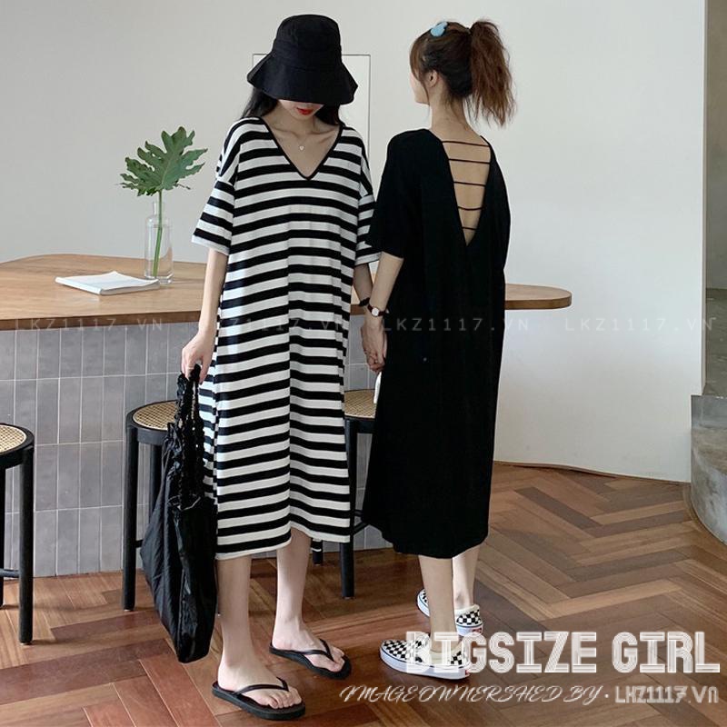 Váy đầm nữ Bigsize Đầm thun suông dáng dài tay ngắn cổ tròn kẻ sọc mùa hè Phong cách Hàn Quốc Thời Trang đẹp