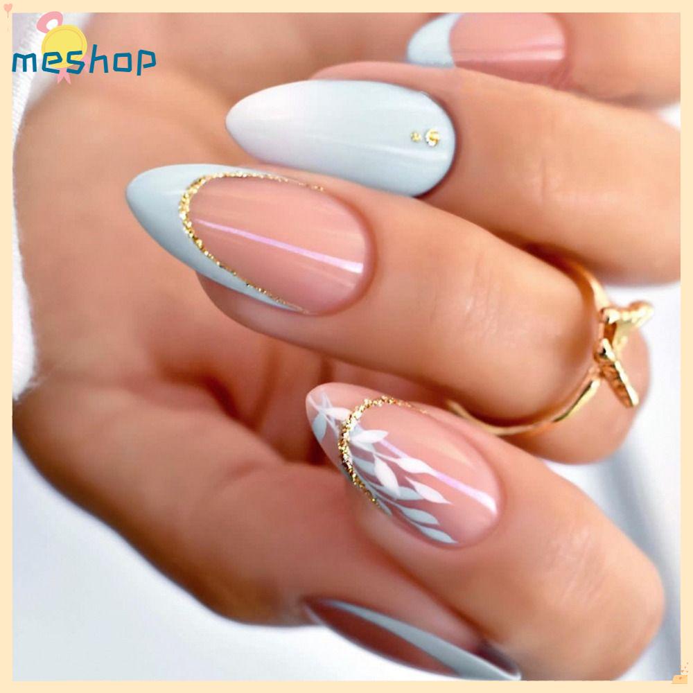 Set 24 Móng Tay Giả Có Thể Tháo Rời Màu Xanh Dương Gradient Phong Cách Pháp