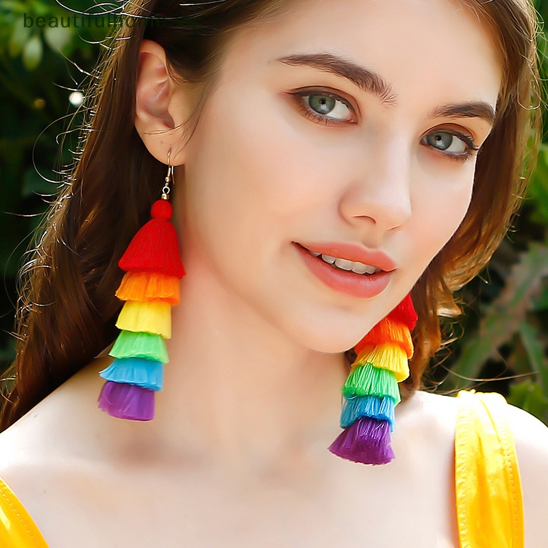 1 Đôi Bông Tai Tua Rua Dáng Dài Nhiều Lớp Phong Cách Bohemian Dễ Thương Thời Trang Mùa Hè Cho Nữ