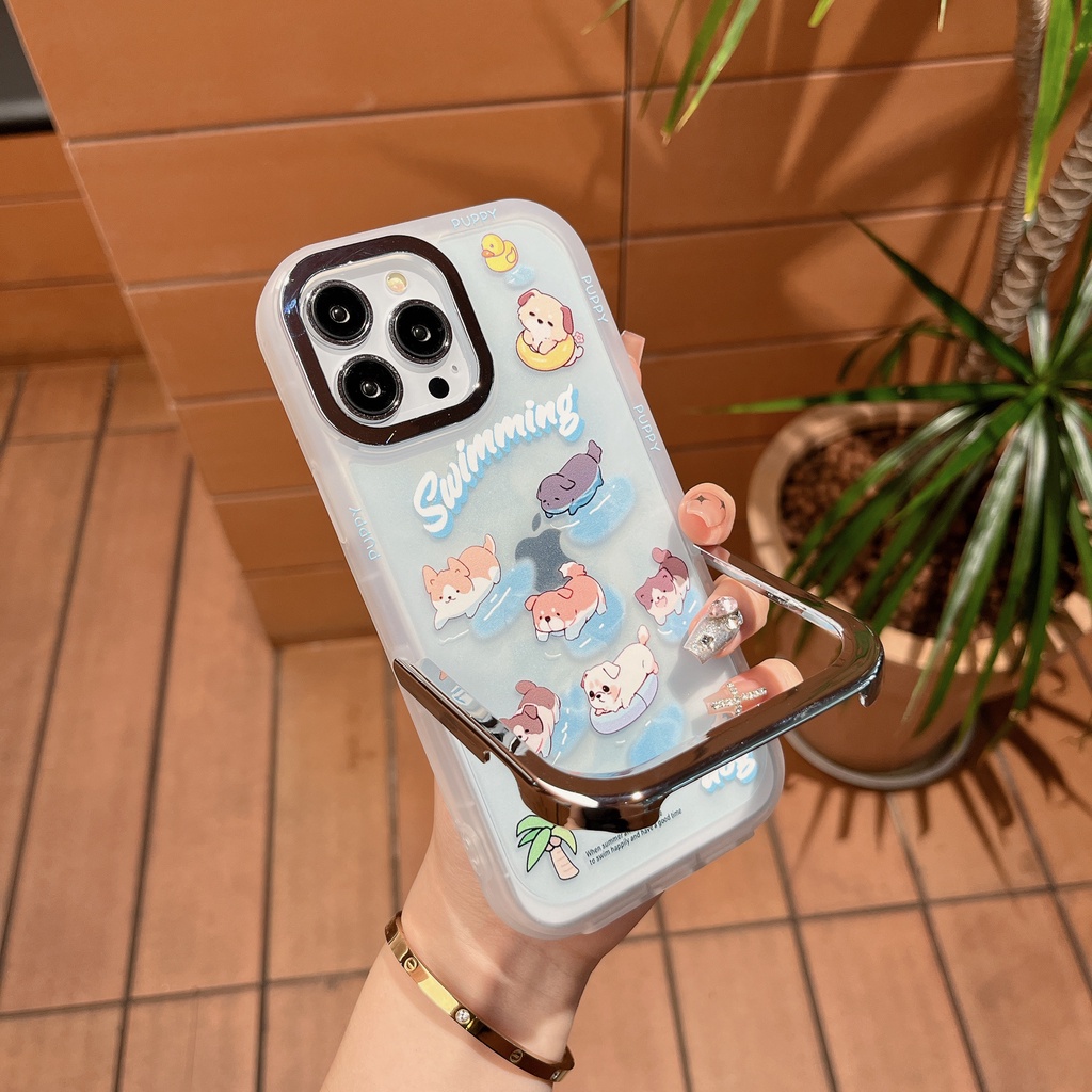 Ốp Điện Thoại Tpu Silicone Mềm Nhám Trong Suốt Chống Sốc In Hình Cún Hoạt Hình Có Giá Đỡ Vô Hình Cho iPhone 14 13 12 11Pro Max
