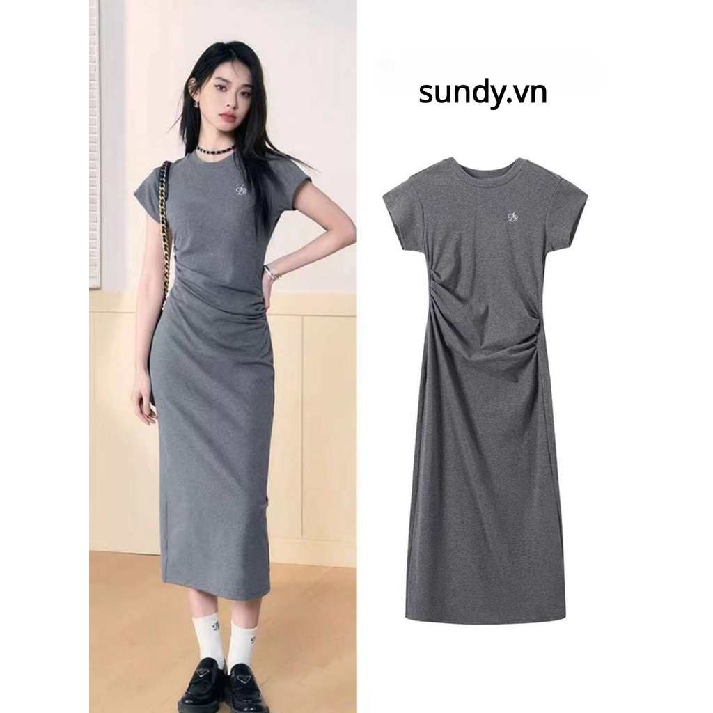 Đầm Tay Ngắn Chiết Eo Xếp Ly Lệch Tà Đơn Giản Thời Trang Mùa Hè Cho Nữ Plus Size