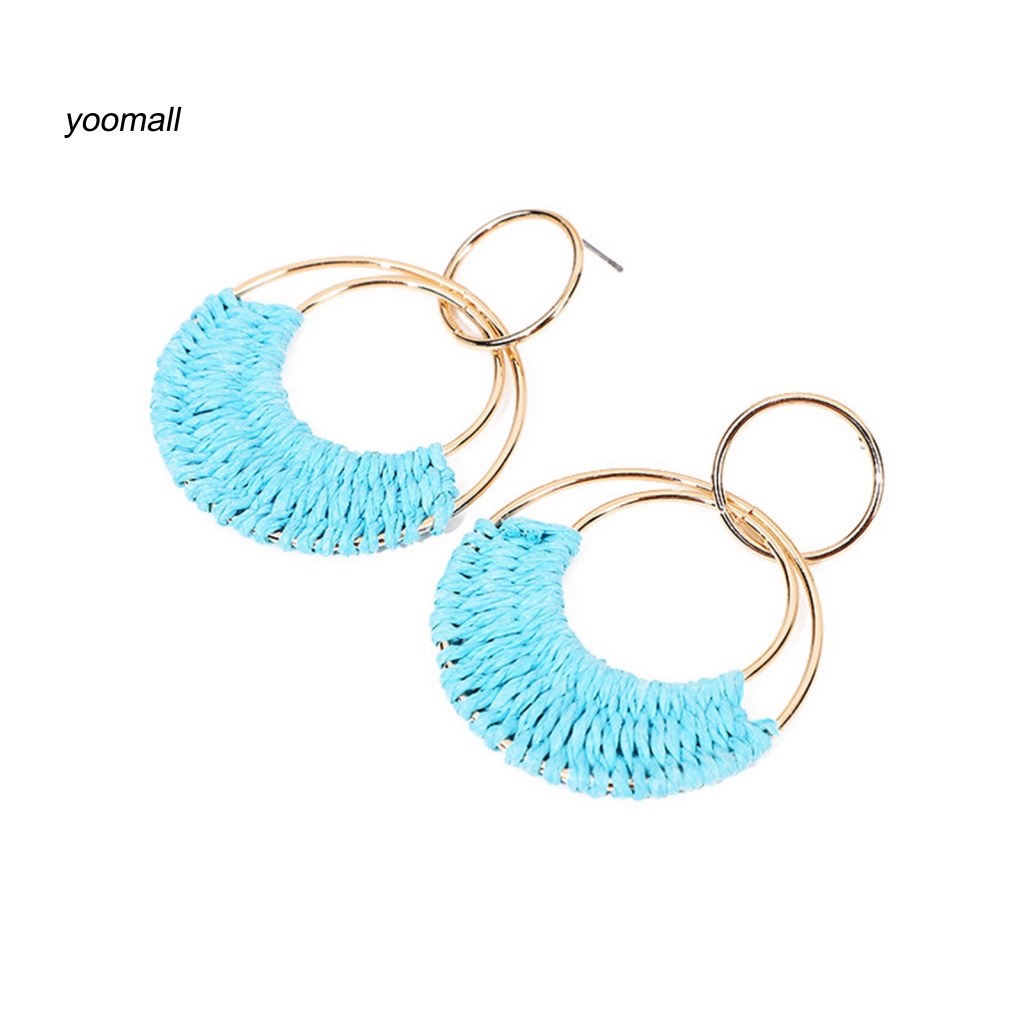 1 Đôi Khuyên Tai Tròn Đan Rơm Thời Trang Đi Biển Mùa Hè