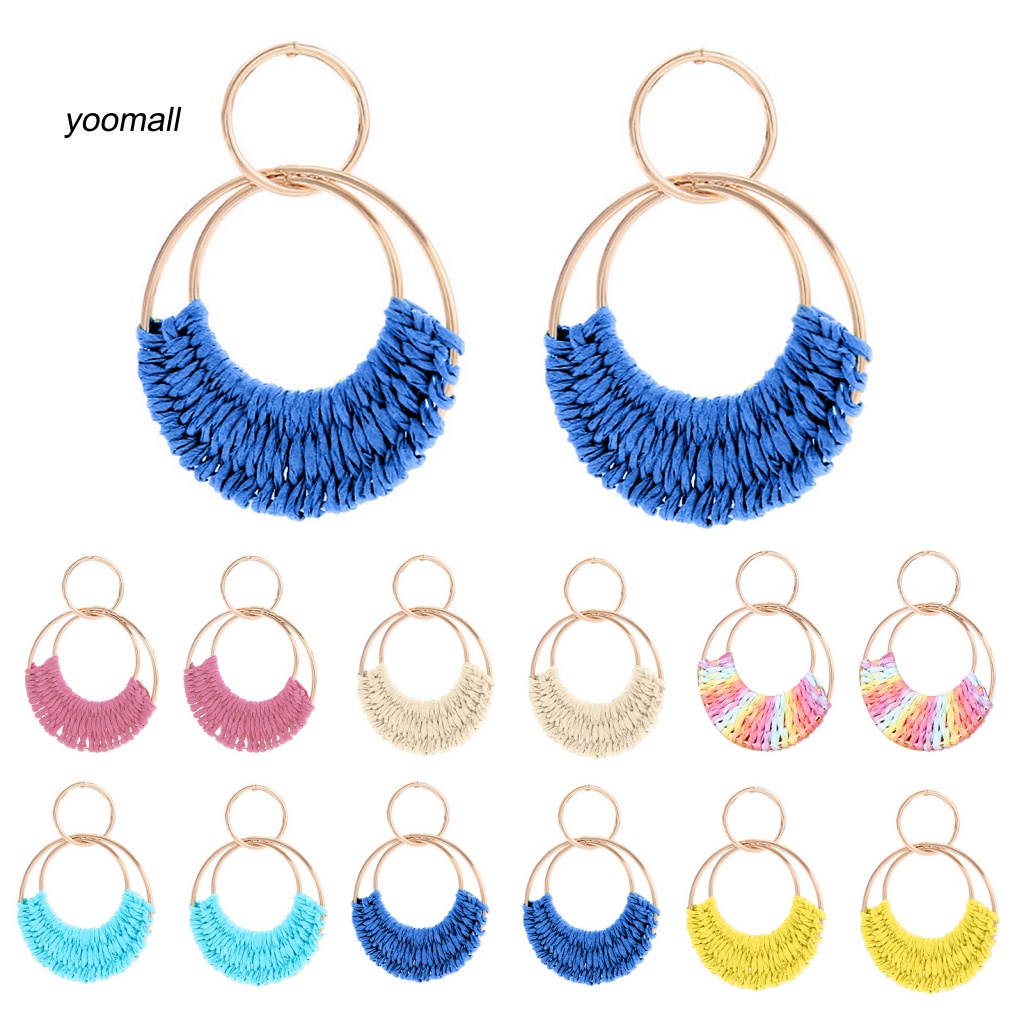 1 Đôi Khuyên Tai Tròn Đan Rơm Thời Trang Đi Biển Mùa Hè