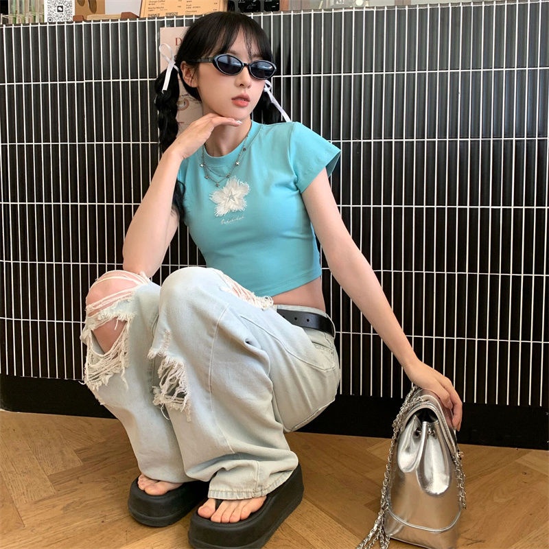 Áo Thun Cotton Ngắn Tay Thêu Hoa Phong Cách Phương Tây Cho Nữ