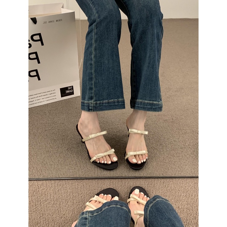 Xăng đan Cao Gót Hở Ngón Đính Nơ Màu Đen Thời Trang Cho Nữ