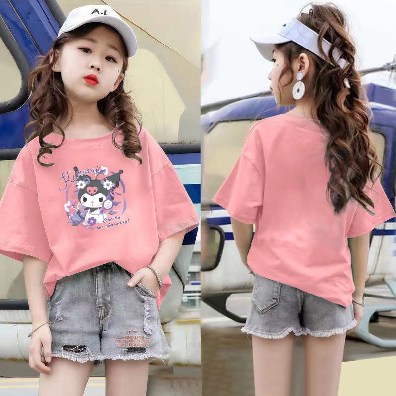 Áo Thun Tay Ngắn Màu Trơn In Số Kuromi Melody Dễ Thương Thời Trang Mùa Hè Cho Bé Gái 100-160 Tuổi 2023