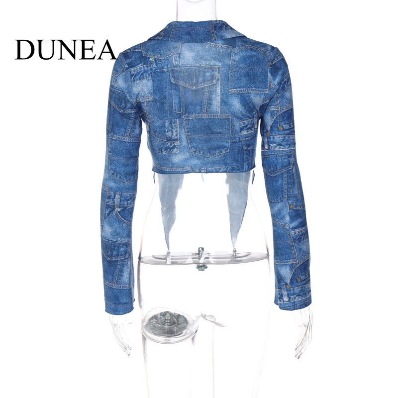 DUNEA Áo Croptop Denim In Họa Tiết Thiết Kế Lệch Tà Quyến Rũ Cho Nữ