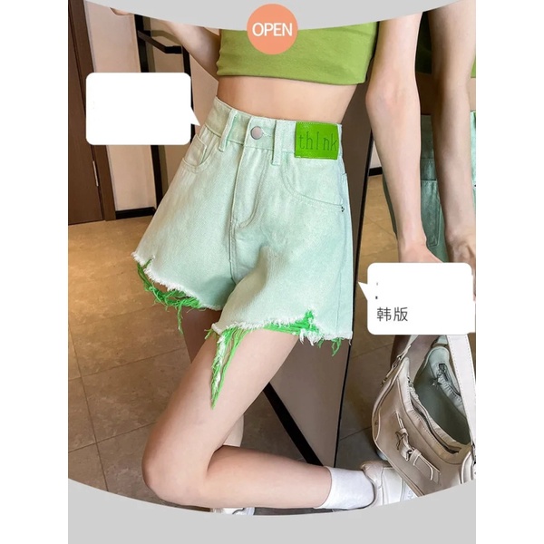 NZN Quần Short denim Lưng Cao Ống Rộng Phối Vết Rách Cá Tính Cho Nữ