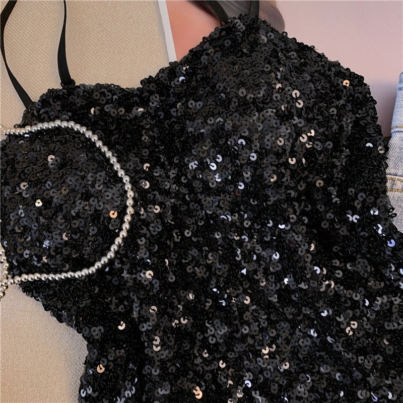 Áo Hai Dây Ôm Dáng Đính Kim Sa Lấp Lánh Quyến Rũ Phong Cách Mới Mùa Hè Cho Nữ