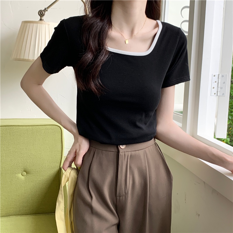 SUXI Áo Thun Croptop Tay Ngắn Màu Sắc Tương Phản Phong Cách Vintage Dành Cho Nữ