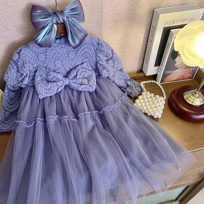 Đầm Dệt Kim Tay Dài Đính Nơ Thời Trang Thu Đông Cho Bé Gái 3-8 Tuổi