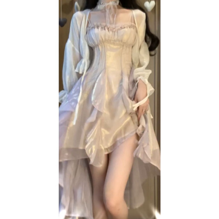 Đầm Hai Dây Dáng Ngắn Phối Bèo Màu Gradient Phong Cách Pháp LH2R