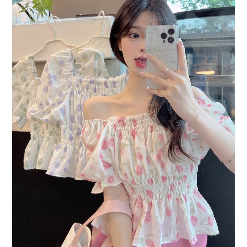 SUXI Áo Kiểu Cổ Vuông Tay Phồng In Họa Tiết Hoa Phong Cách Hàn Quốc Thời Trang Mùa Hè Cho Nữ