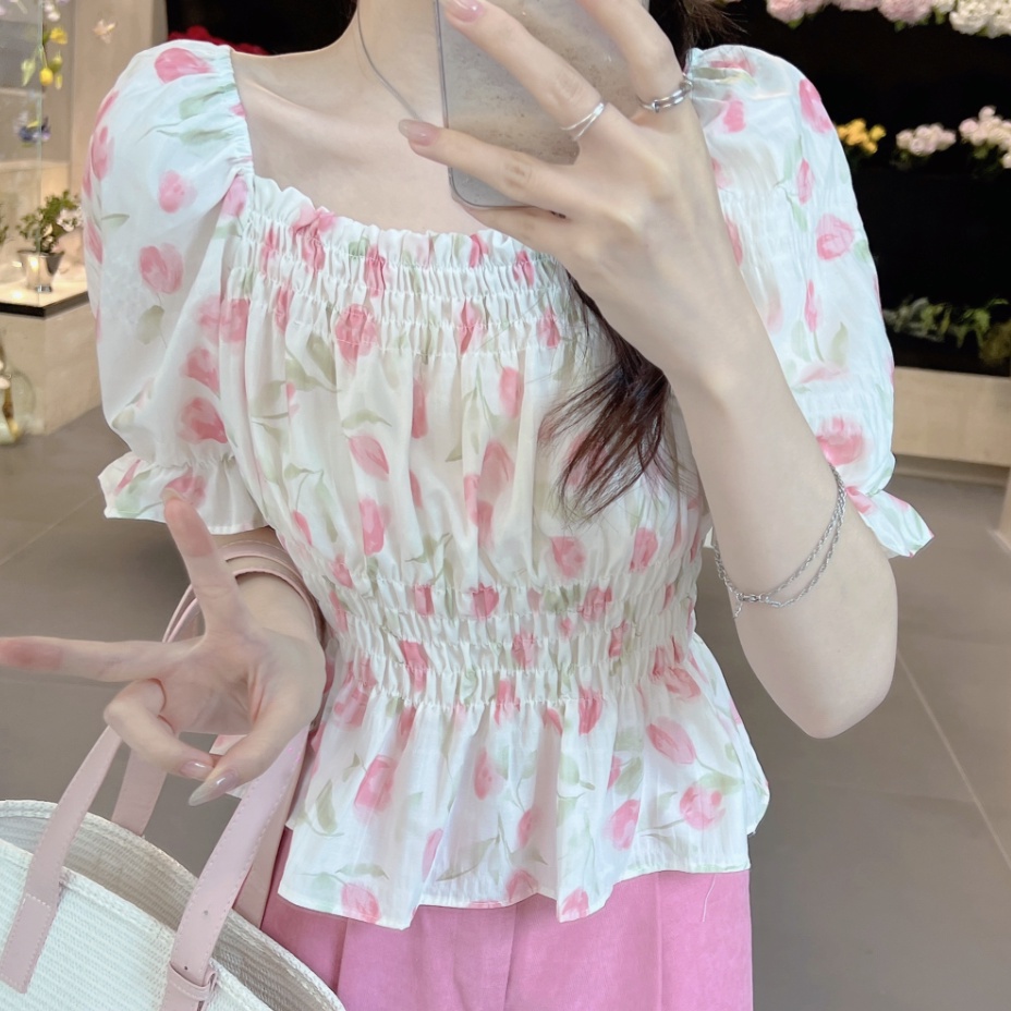 SUXI Áo Kiểu Cổ Vuông Tay Phồng In Họa Tiết Hoa Phong Cách Hàn Quốc Thời Trang Mùa Hè Cho Nữ