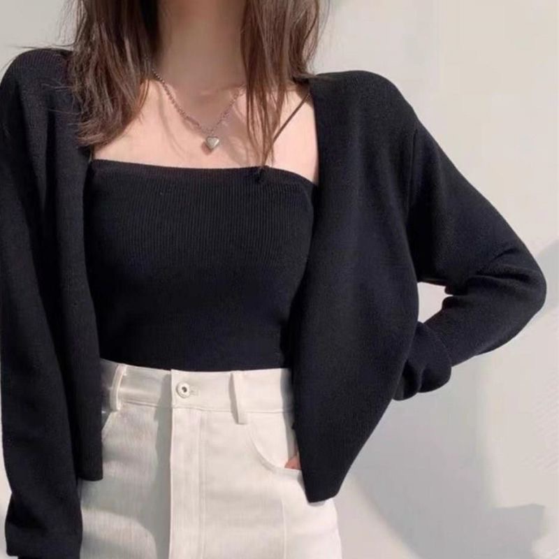 Set Baju Knit Wanita cardigan+ camisole set casual tops fashion long sleeve cardigan knit top 外套背心两件套女