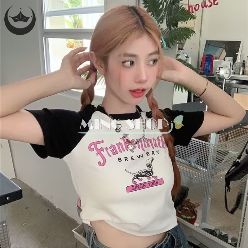 Áo Thun Lửng Tay Dài Cổ Tròn In Họa Tiết Màu Sắc Tương Phản Phong Cách Retro Dành Cho Nữ