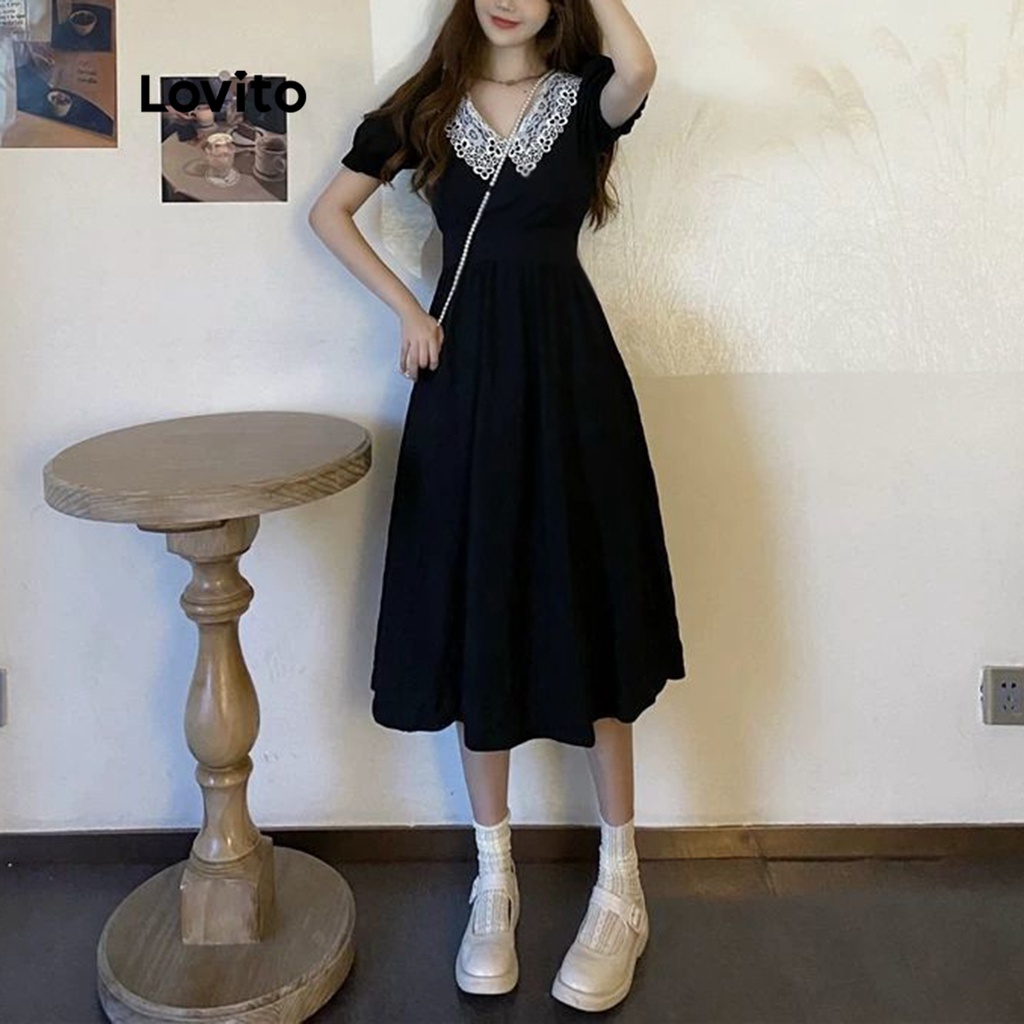 Lovito Đầm Ren Ngắn Tay Trơn Dễ Thương Cho Nữ LNE09242 (Đen)