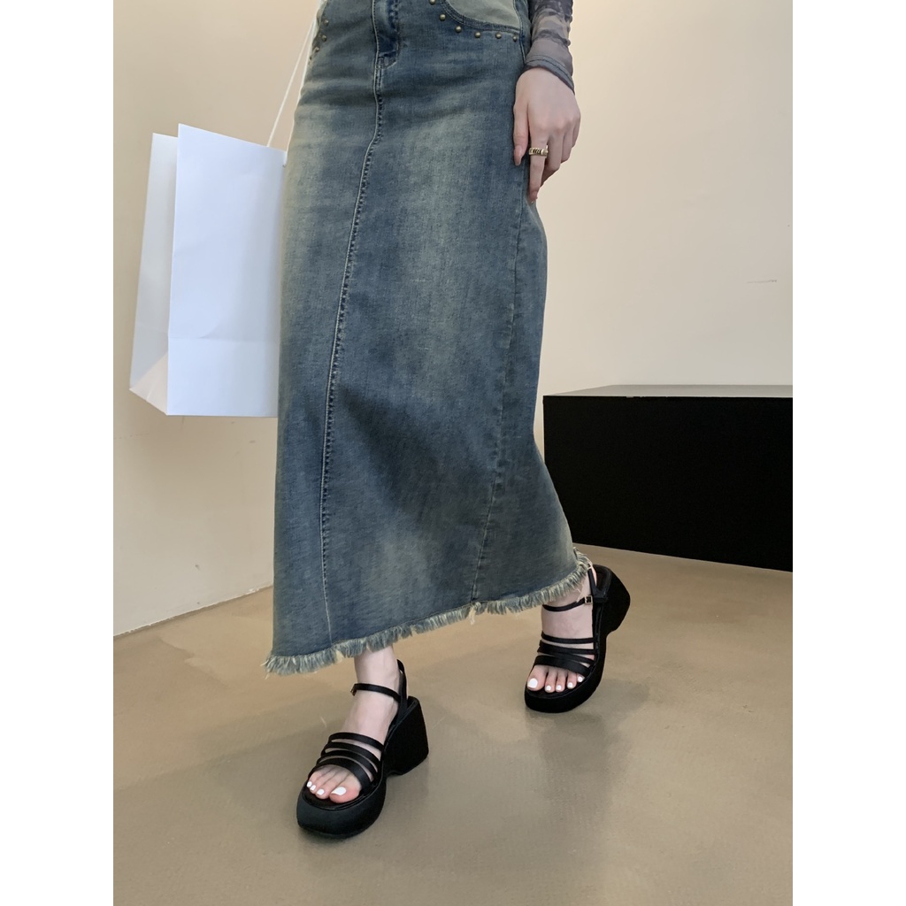 Sandal Cao Gót Đế Xuồng Dày Quai Denim Màu Xanh Dương Thời Trang Mùa Hè Hàng Mới 2023