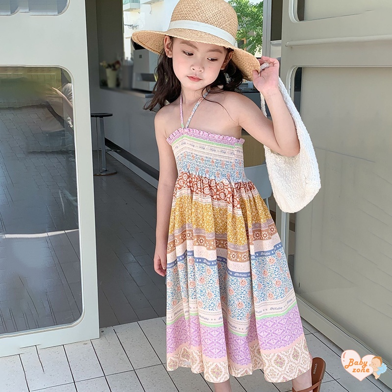 Korean Summer Girls' Ethnic Style Printed Pleated Drawstring Dress Children Baby Girl Seaside Vacation Style Beach Dress