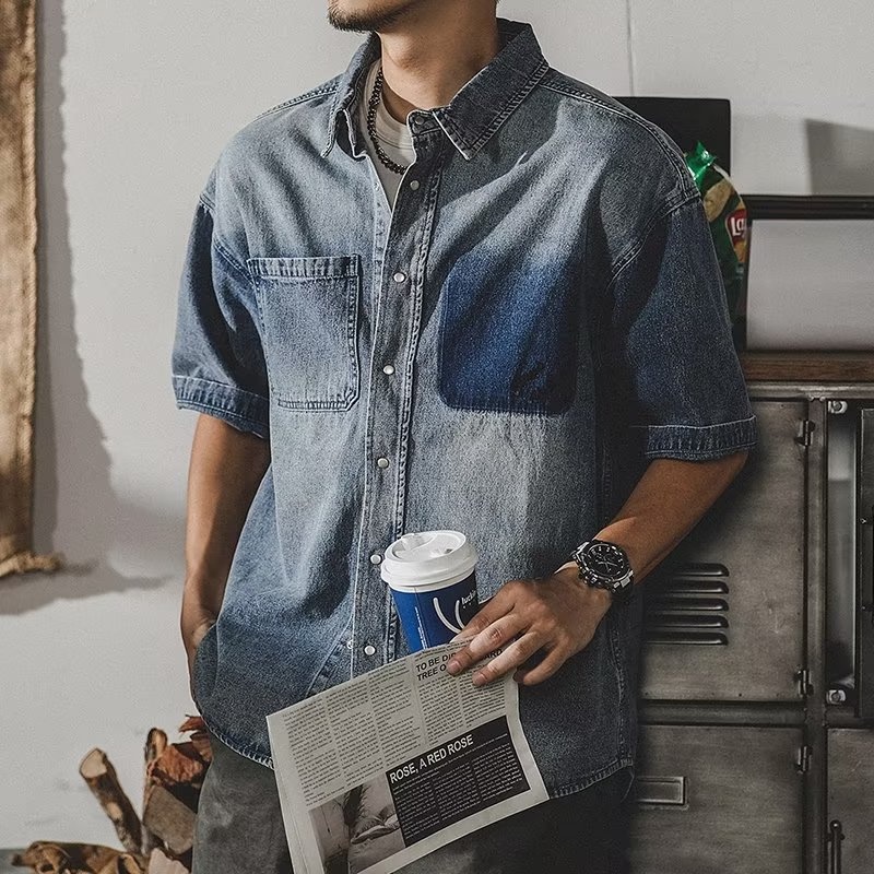Áo Sơ Mi Denim Tay Ngắn Dáng Rộng Thời Trang Mùa Hè Cao Cấp Cho Nam