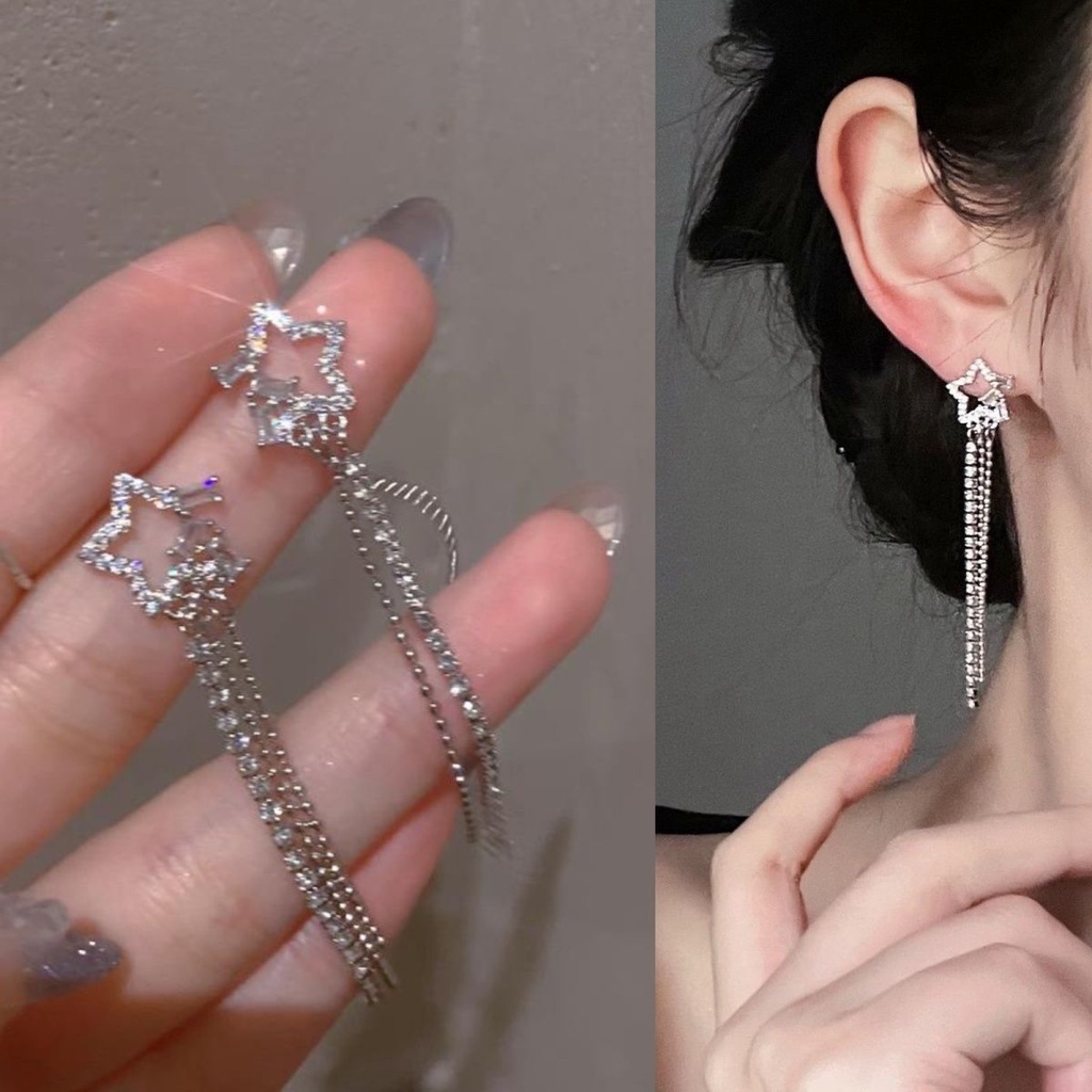 Đôi Khuyên Tai Dài Hình Ngôi Sao Đính Đá Thời Trang Cho Nữ