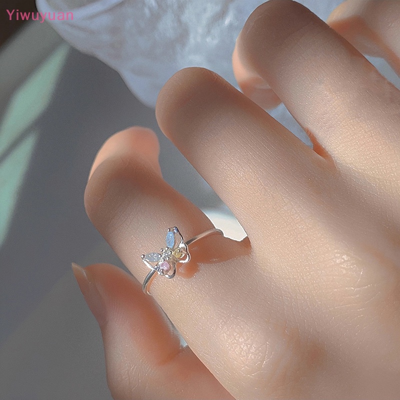 < Yiwuyuan > Nhẫn Cưới Bạc Tối Giản Mặt Hình Bướm Đính Đá Zircon Dễ Thương Có Thể Điều Chỉnh Cho Nữ