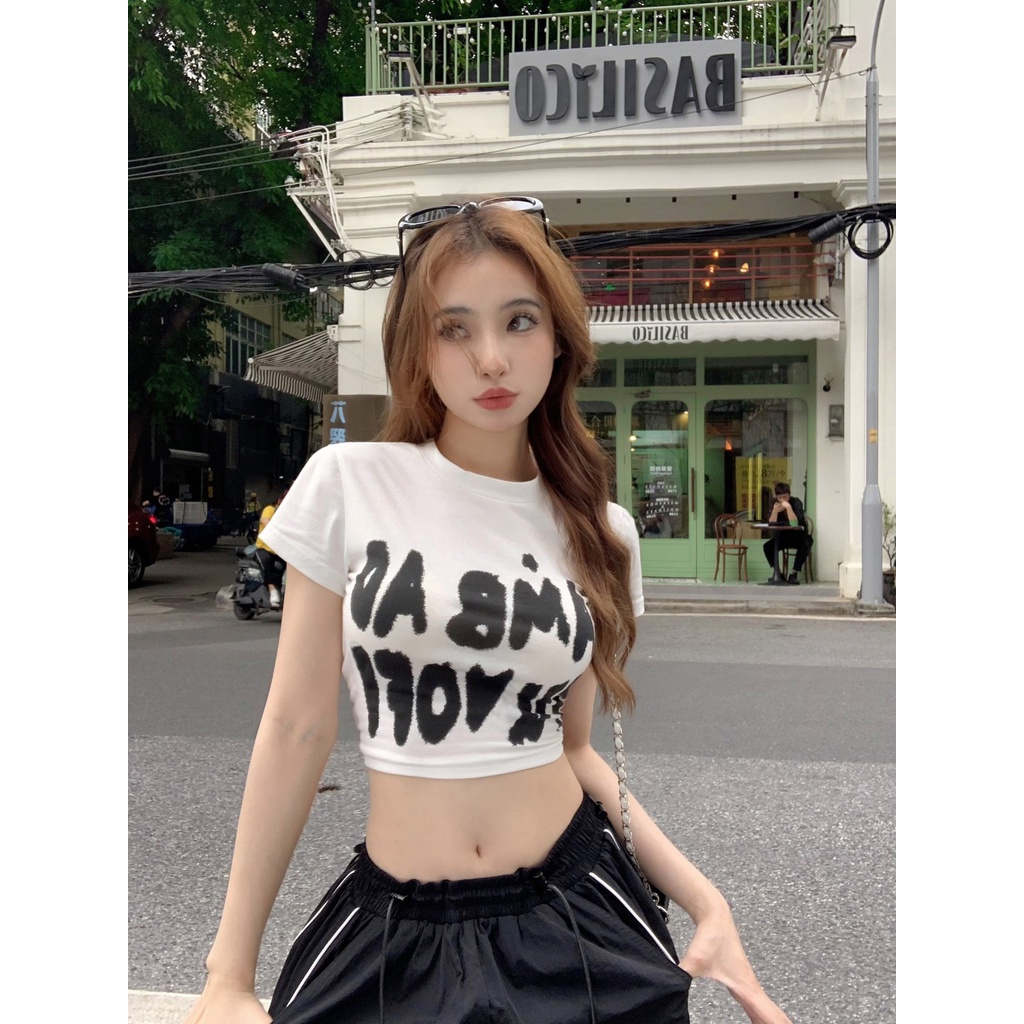 Áo Baby Tee Thun Croptop Nữ  Ngắn Tay Trễ Vai In Chữ Phong Cách Âu Mỹ