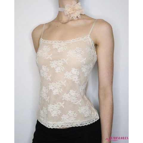 Áo Croptop Hai Dây Phối Ren Xuyên Thấu Thời Trang Mùa Hè Quyến Rũ Cho Nữ