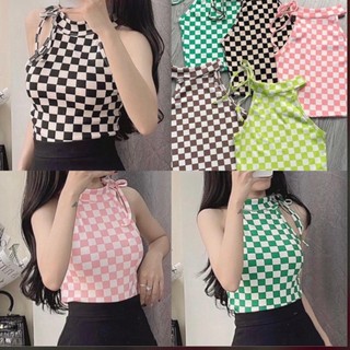 Áo gân caro kiểu cột dây nơ cổ