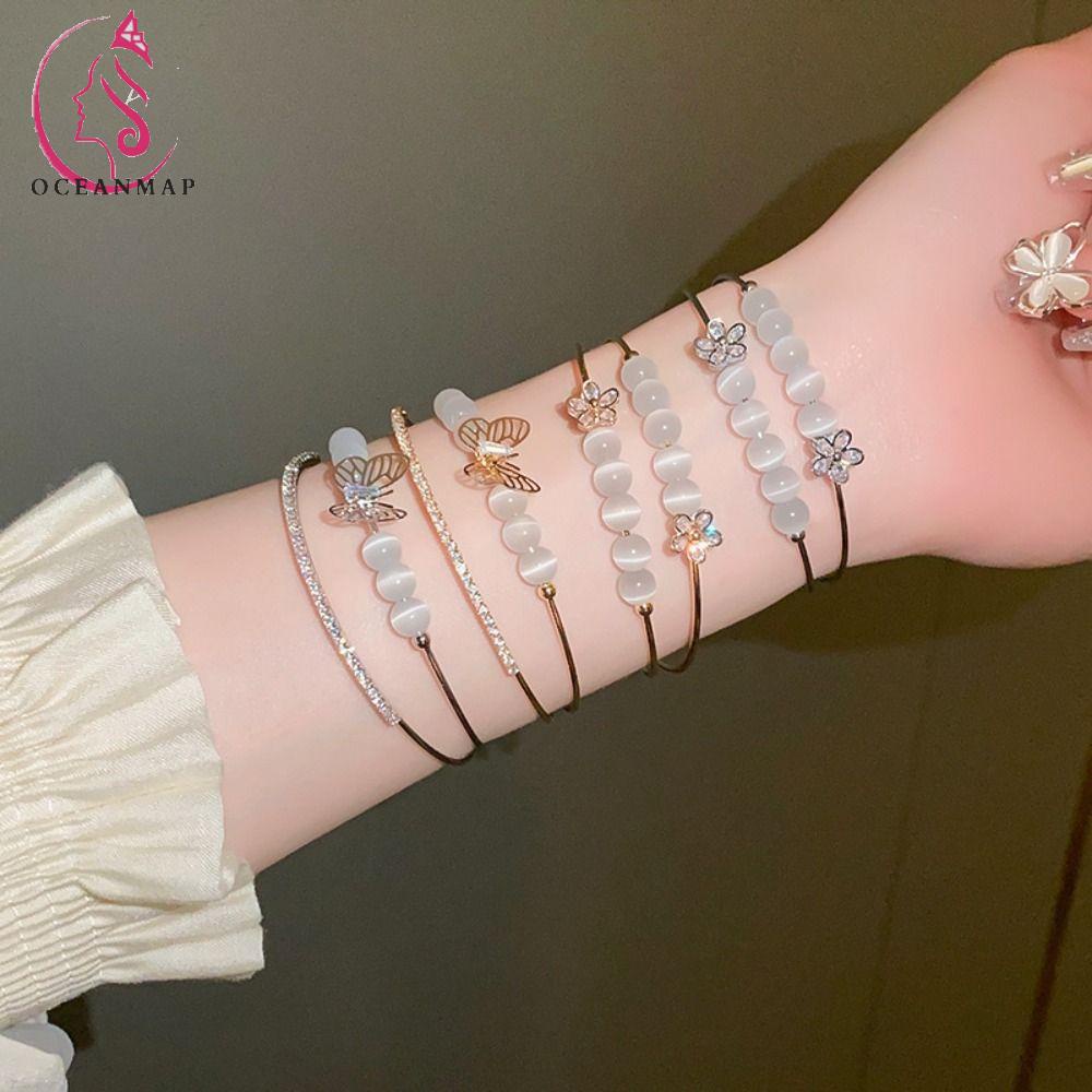 OCEANMAP Vòng Đeo Tay Dạng Mở 2 Lớp Xâu Hạt Mắt Mèo Màu Bạc Phong Cách Hàn Quốc Cổ Điển