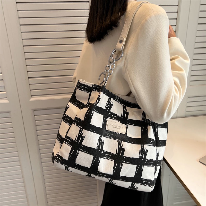 Túi Tote Đeo Vai Vải Canvas Cỡ Lớn Họa Tiết Kẻ Sọc Thời Trang Mùa Hè 2022 Mới Cho Nữ