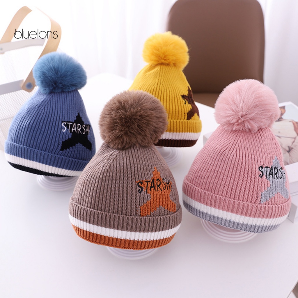 Mũ Beanie Dệt Kim Dày Dặn Đính Quả Bông Phong Cách Hip hop Thời Trang Thu Đông Cho Bé