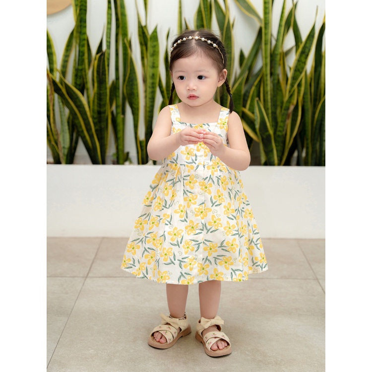 Váy Bé Gái CARROT Hai Dây, Họa Tiết Hoa Vàng, Chất Liệu Thô Cotton Thấm Hút Mồ Hôi Tốt