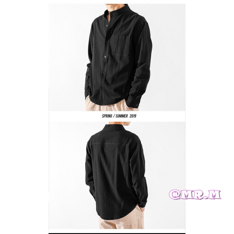 Áo Sơ Mi Cotton Lanh Mỏng Tay Dài Cổ Đứng Dáng Ôm Phong Cách Retro Nhật Bản Cho Nam Giới